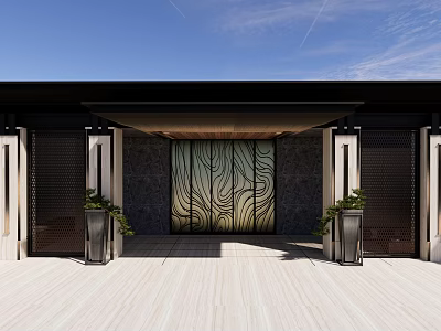 Modern Entrance Gate Design With Decorative Panel Stone Walls And Planters 3d model