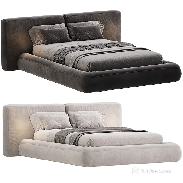 Minimalist Modern Double Bed With Upholstered Headboard And Low Profile Frame 3d model 