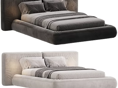 Minimalist Modern Double Bed With Upholstered Headboard And Low Profile Frame 3d model