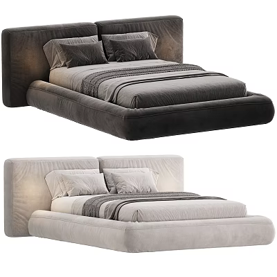 Minimalist Modern Double Bed With Upholstered Headboard And Low Profile Frame 3d model