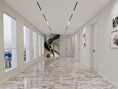 Hotel Corridor Featuring Marble Floor Light-colored Walls Windows Ceiling Light Strips And Spiral Staircase 3d model