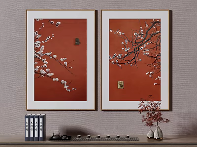 Two Gold Framed Botanical Paintings With Plum Blossom Branches And White Flowers On Red Background 3d model