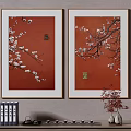 Two Gold Framed Botanical Paintings With Plum Blossom Branches And White Flowers On Red Background