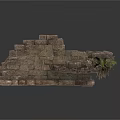 Modern Scenic Design with Stone Wall Ruins and Green Plant Accents