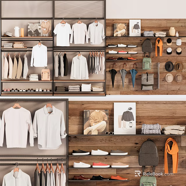Fashion Clothing Store With Hanging Shirts Folded Clothes Shelves Hats And Shoes 3d model 