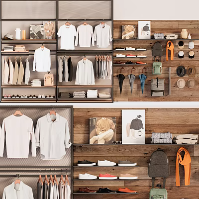 Fashion Clothing Store With Hanging Shirts Folded Clothes Shelves Hats And Shoes 3d model
