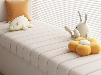 Beige Striped Sofa Bed With Orange Cushion White Bear Rabbit Dolls Yellow Flower Cushion Blinds 3d model