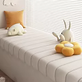 Beige Striped Sofa Bed With Orange Cushion White Bear Rabbit Dolls Yellow Flower Cushion Blinds