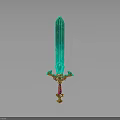 Glowing Green Crystal Sword With Golden Hilt And Red Accents