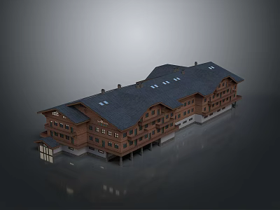 Traditional Hotel Building With Wooden Exterior Sloped Dark Roof Multiple Chimneys And Classic Design 3d model
