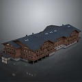 Traditional Hotel Building With Wooden Exterior Sloped Dark Roof Multiple Chimneys And Classic Design