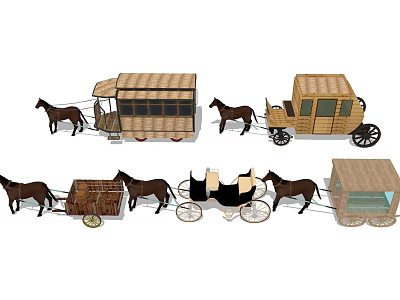 Different Styles Of Horse Drawn Carriages With Wooden Bodies And Wheels 3d model