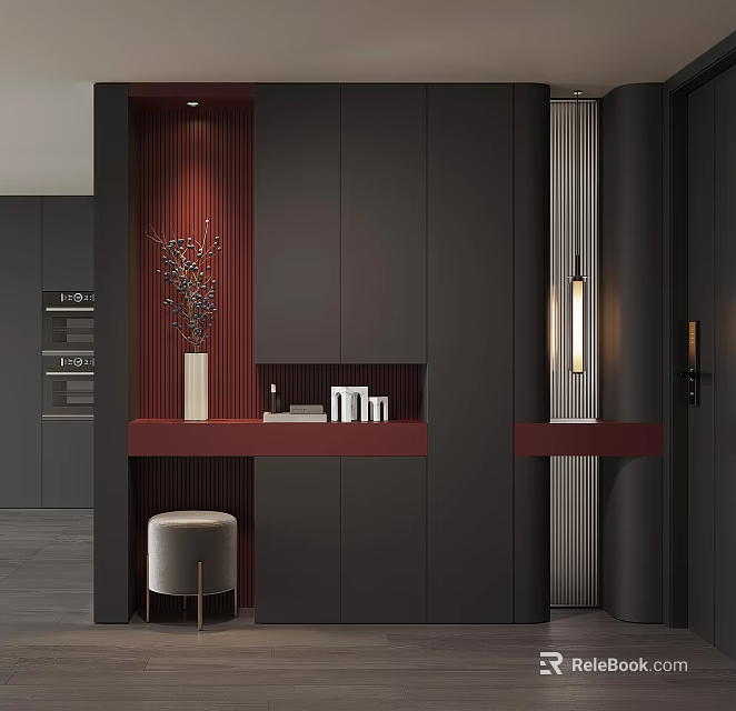 Sleek Modern Black Red Shoe Cabinet Design With Console Table And Decorative Stool 3d model