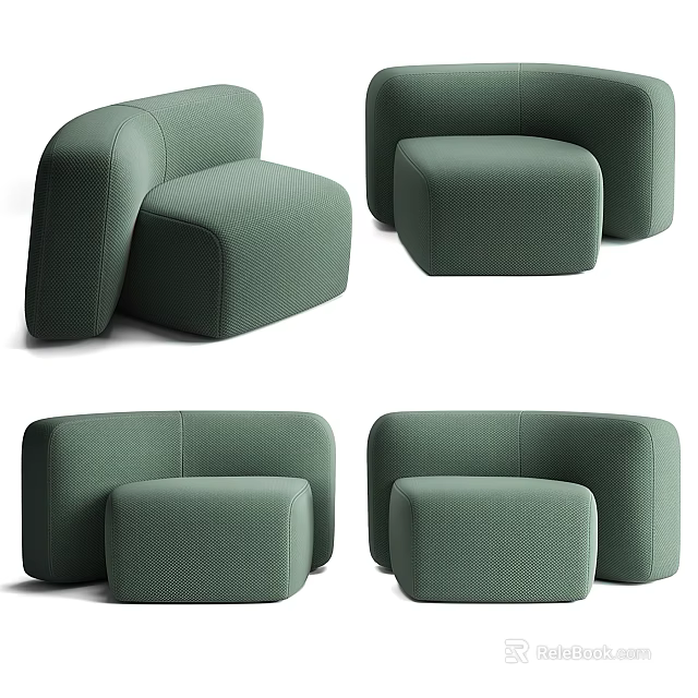 Green Fabric Single Sofa with Modern Curved Design and Matching Ottoman 3d model 