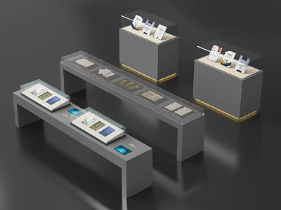 Modern Gray Display Shelves With Long Tabletop And Square Showcase Units For Product 3d model