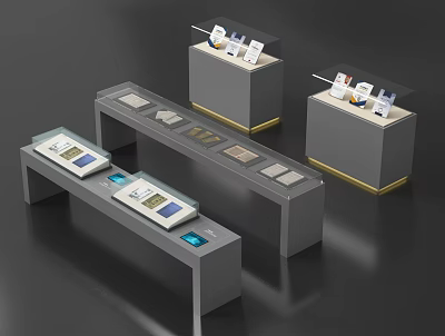 Modern Gray Display Shelves With Long Tabletop And Square Showcase Units For Product 3d model