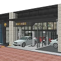 Car Dealership Exterior With White And Red Cars At Entrance Glass Facade