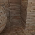 Spherical Wooden Component With Vertical Wooden Wall Panels And Warm Lighting 3d model