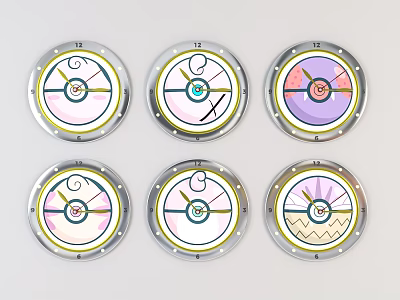 Set Of Six Circular Dials With Colorful Patterns And Central Pointers 3d model