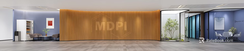 Modern Reception Desk With Wooden Wall Panel MDPI Logo Ceiling Lighting And Gray Floor Tiles 3d model 