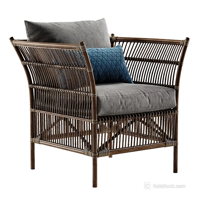 Rattan Leisure Chair With Gray Cushion Blue Pillow And Armrest Design 3d model 