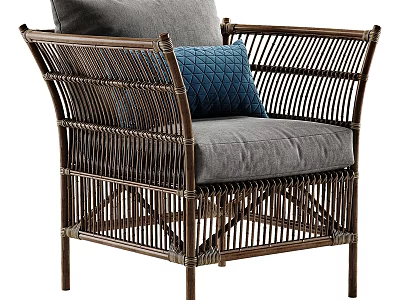 Rattan Leisure Chair With Gray Cushion Blue Pillow And Armrest Design 3d model