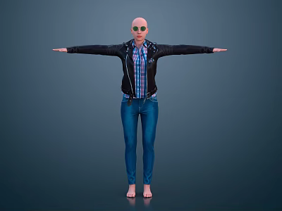 Bald Man in Black Leather Jacket Plaid Shirt Blue Jeans Barefoot Arms Outstretched Dark Background 3d model