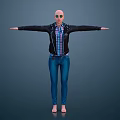 Bald Man in Black Leather Jacket Plaid Shirt Blue Jeans Barefoot Arms Outstretched Dark Background