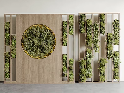 Wooden Framed Green Plant Wall With Circular Moss Design And Various Plants 3d model