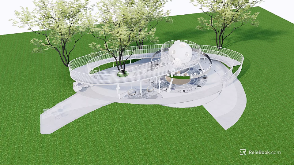 Modern Playground Equipment With Circular Walkway And Spherical Structure On Green Lawn And Trees 3d model 