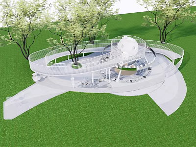 Modern Playground Equipment With Circular Walkway And Spherical Structure On Green Lawn And Trees 3d model