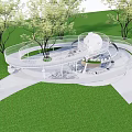 Modern Playground Equipment With Circular Walkway And Spherical Structure On Green Lawn And Trees