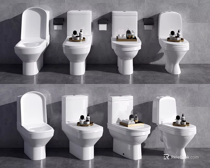 Modern White Toilets With Various Styles And Accessories In Grey Bathroom 3d model 