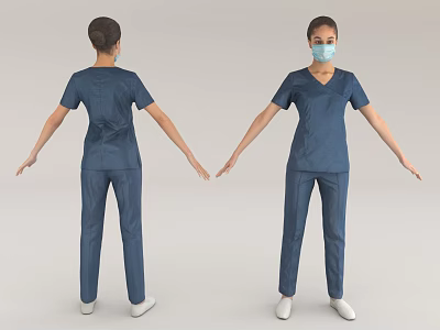 Woman in Blue Medical Uniform with Face Mask Front and Back View 3d model