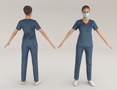 Woman in Blue Medical Uniform with Face Mask Front and Back View 3d model