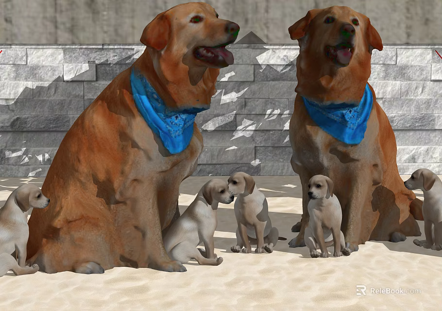 Brown Dogs With Blue Bandanas Sitting On Sand With Puppies And Stone Wall 3d model 