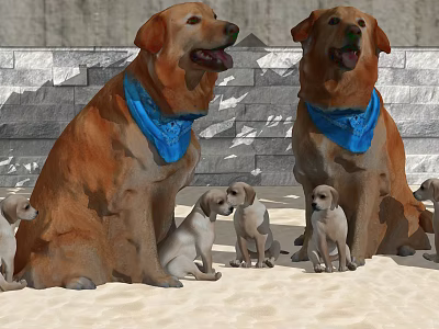 Brown Dogs With Blue Bandanas Sitting On Sand With Puppies And Stone Wall 3d model