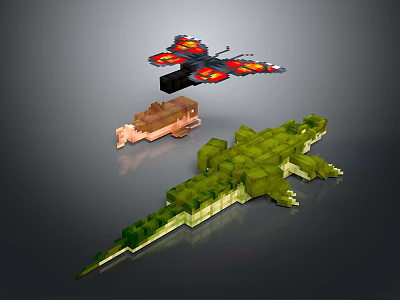 Green Pixel Art Crocodile Reptile With Red Butterfly And Brown Cart On Gray Surface 3d model