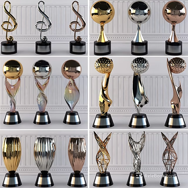 Various Designed Trophies with Gold Silver Bronze Finishes and Unique Shaped Decorative Bases 3d model 