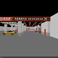 4S Car Store Showroom Interior With Red Yellow Vehicles White Columns And Orange Ceiling