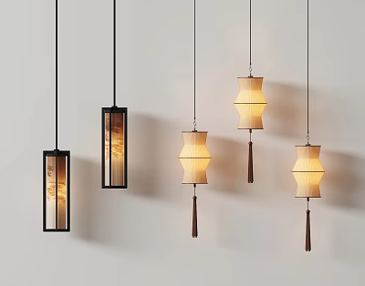 Pendant Lights with Black Frames Various Shaped Shades Square Textured and Lantern Styles with Tassels 3d model