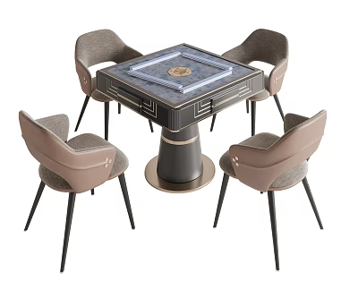 Square Entertainment Table with Blue Center Panel and Four Gray Light Brown Upholstered Chairs 3d model