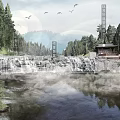 Traditional Chinese Garden Landscape With Waterfall Flowing River Lush Forest Pavilion And Misty Surface