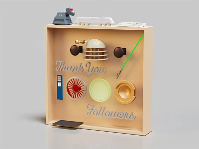 Wooden Display Shelf Featuring Thank You Followers Text And Decorative Items 3d model