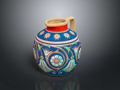 Sculpted Blue Pottery Jug with Colorful Star Flower Patterns and Beige Rim Handle 3d model