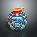 Sculpted Blue Pottery Jug with Colorful Star Flower Patterns and Beige Rim Handle