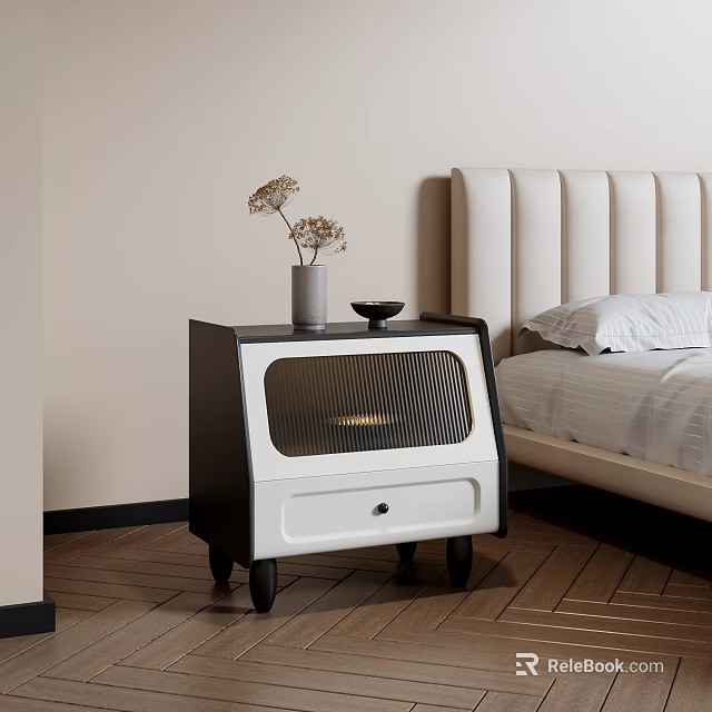 Modern Black And White Nightstand With Drawer Vase And Bowl In Bedroom 3d model 