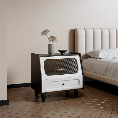 Modern Black And White Nightstand With Drawer Vase And Bowl In Bedroom 3d model