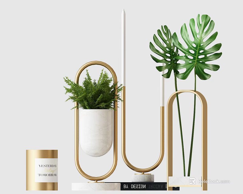 Modern Stylish Potted Plant Display With White Ceramic Pot And Golden Metal Frame 3d model 