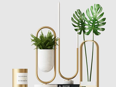 Modern Stylish Potted Plant Display With White Ceramic Pot And Golden Metal Frame 3d model